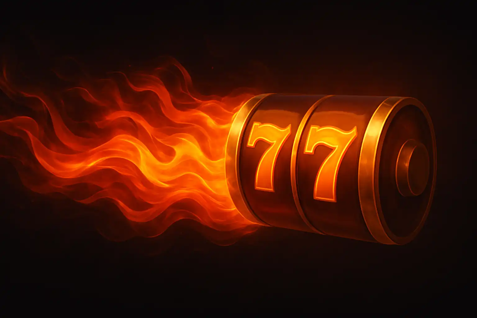Abstract fiery orange flame merging into a golden slot reel shape on a dark background