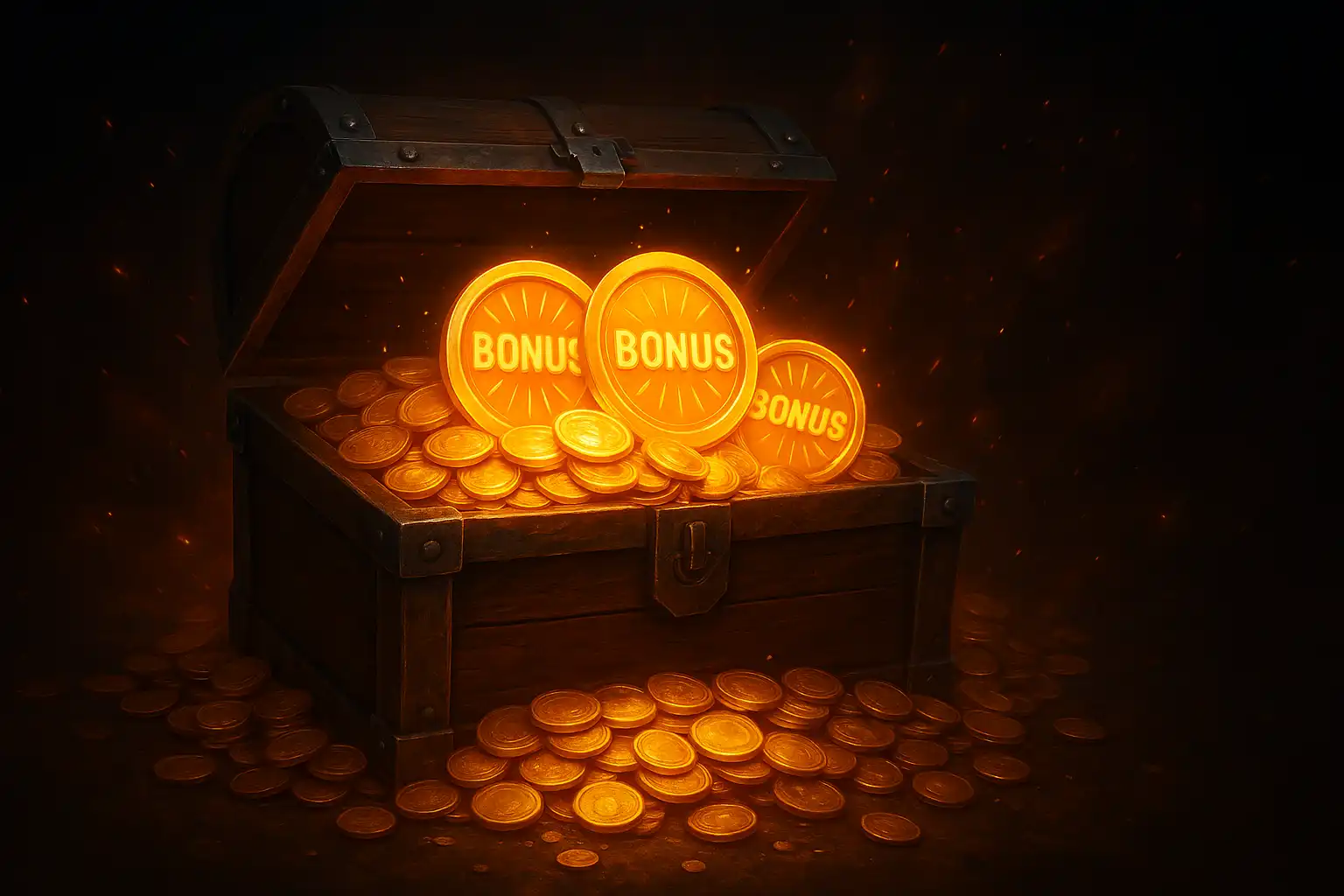 Treasure chest overflowing with gold coins and glowing bonus tokens on a dark fiery background