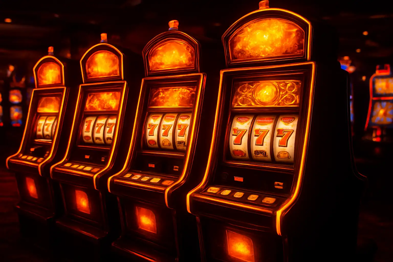 Glowing slot machines lined up in a dark casino hall with fiery orange lighting